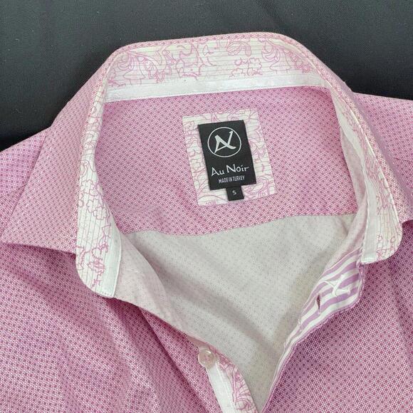 Au Noir Pink Dress Shirt Geometric Pattern French Cuffs Leather Cufflink Size 5 - Picture 7 of 12